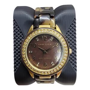 Anne Klein Womens Watch Tortoise Shell Gold Tone Crystal Bezel Brown Dial